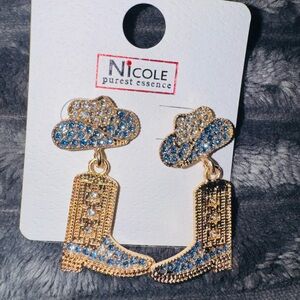 Nicole Gold-tone Blue Crystal Cowgirl Boot Dangle Earrings with Cowgirl Studs